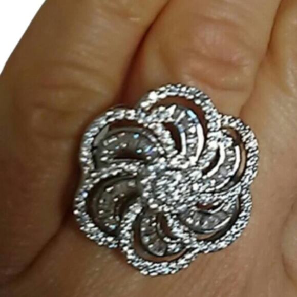 SIZE 7 LARGE FLOWER CAMELIA Ring 925 Silver Stamped Simulated Diamonds Cocktail - Picture 11 of 14